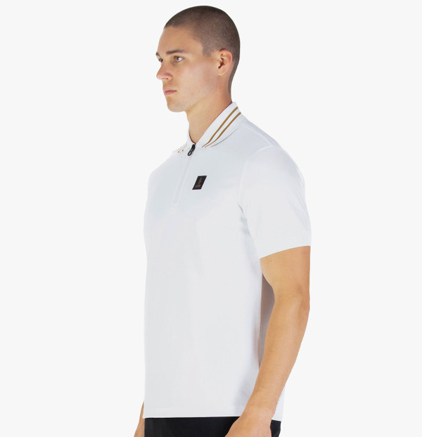 Side of Luke 1977 Throop Zip Neck Polo Shirt in White/Gold