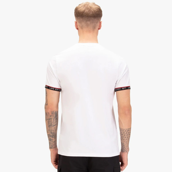 Model wearing Luke 1977 San Diego Sleeve Trim T-Shirt in White - Back