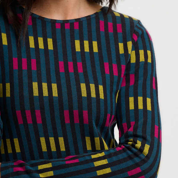 Knit & pattern detail on Sugarhill Brighton Bree City Lights Midi Pencil Dress in Petrol