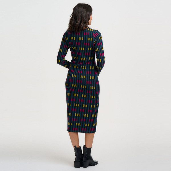 Back of Sugarhill Brighton Bree City Lights Midi Pencil Dress in Petrol
