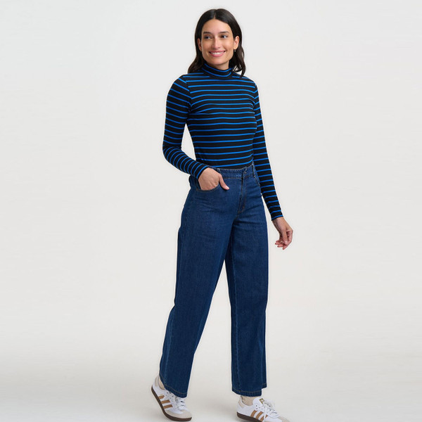 Woman wearing Sugarhill Brighton Annika Striped Fitted Turtleneck Top in Black/Blue