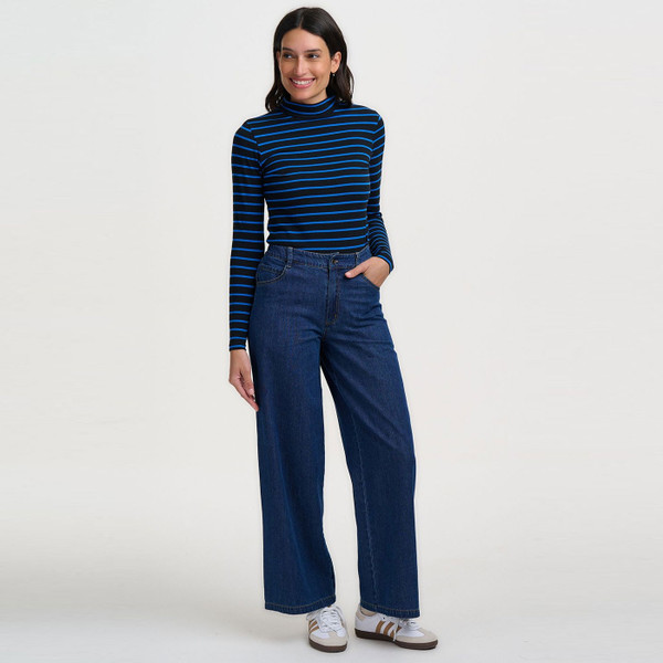 Full length photo of Sugarhill Brighton Annika Striped Fitted Turtleneck Top in Black/Blue