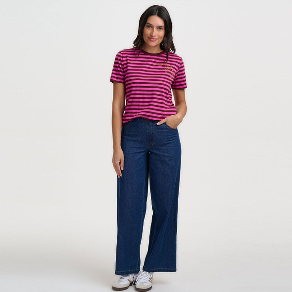 Full length image of Sugarhill Brighton Maggie Striped Leopard T-shirt in Brown/Magenta
