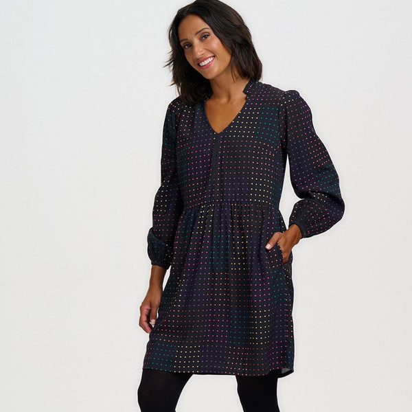 Woman wearing Sugarhill Brighton Indi Dot Matrix Smock Dress in Black