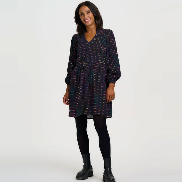 Woman wearing Sugarhill Brighton Indi Dot Matrix Smock Dress in Black