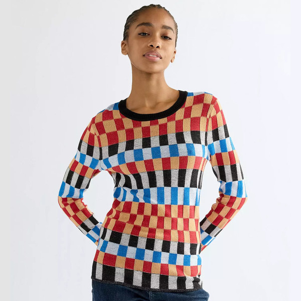 Model Wearing Wrangler Women's Starting Line Check Slim Fit Jumper -Front facing