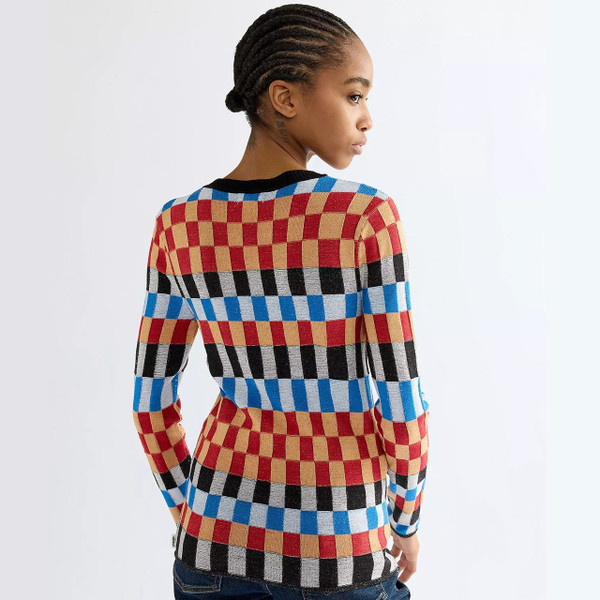 Model Wearing Wrangler Women's Starting Line Check Slim Fit Jumper -Back