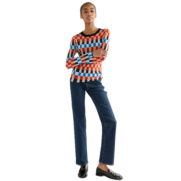 Model Wearing Wrangler Women's Starting Line Check Slim Fit Jumper -Front facing full length
