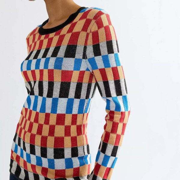Model Wearing Wrangler Women's Starting Line Check Slim Fit Jumper -Front facing close up