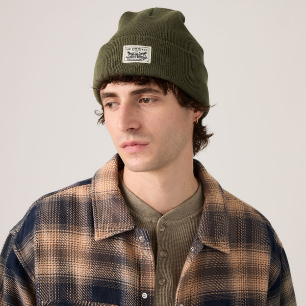 Model Wearing the Levi's Embarcadero Beanie Hat in Olive Night