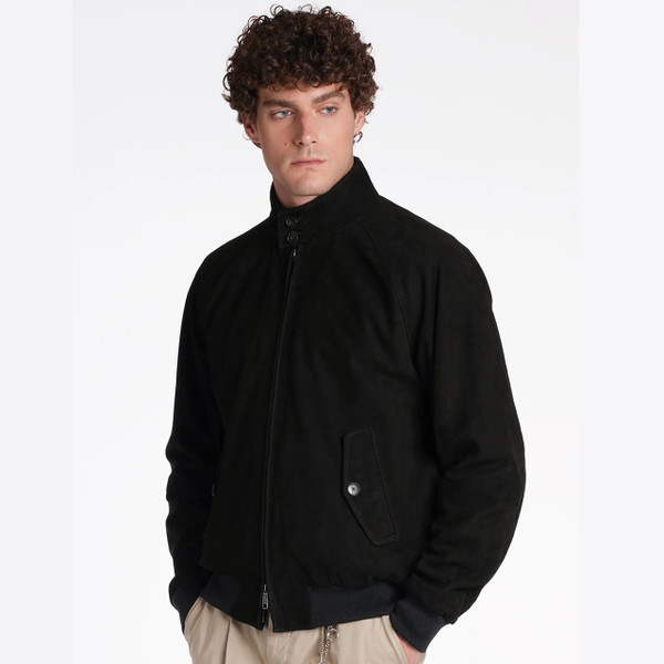 Model Wearing Baracuta G9 Suede Mod Harrington Jacket in Black - Front facing