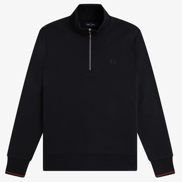 Fred Perry Half Zip Funnel Neck Sweatshirt in Navy / Brandy / Rich Brown - Front flat