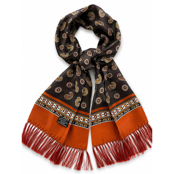 Tootal Chocolate Paisley Border Fringed Silk Scarf - Main View