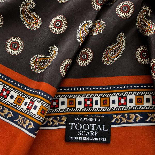 Tootal Chocolate Paisley Border Fringed Silk Scarf - Pattern Detail