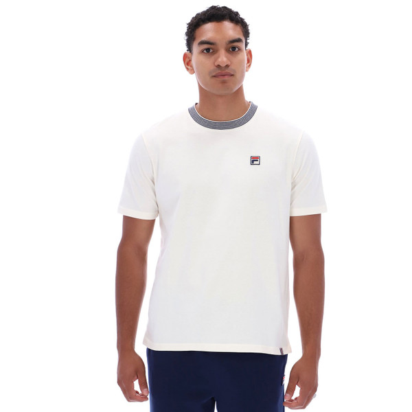 Man wearing Fila Vintage Lance Men's Striped Collar Retro T-Shirt in Gardenia Off White