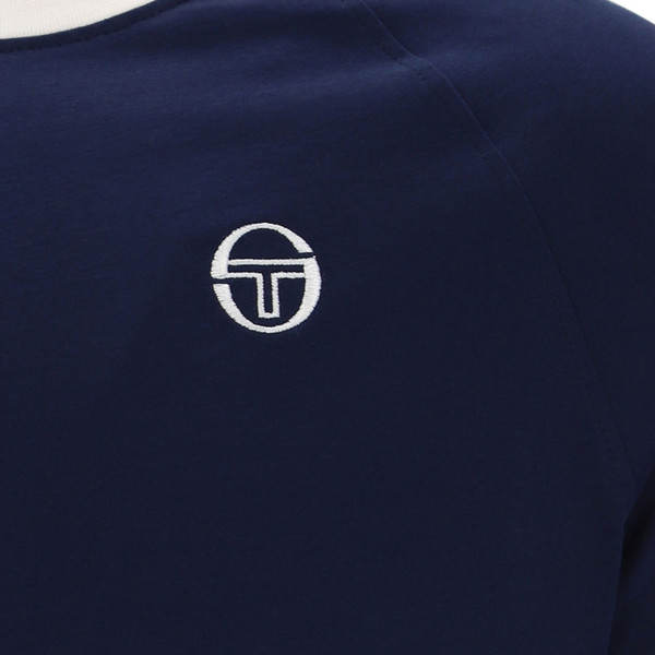 Logo on Sergio Tacchini Bianchi Ringer T-Shirt with Taped Sleeves in Maritime Blue