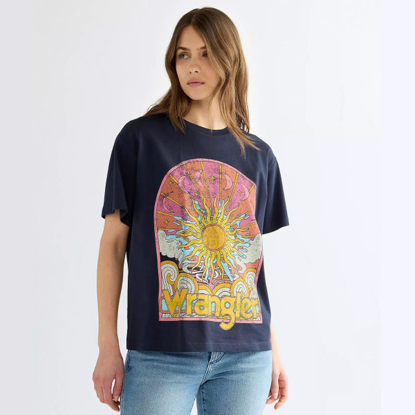 Model Wearing Wrangler Women’s Retro 70s Relaxed Girlfriend T-Shirt in Dark Sapphire - Front