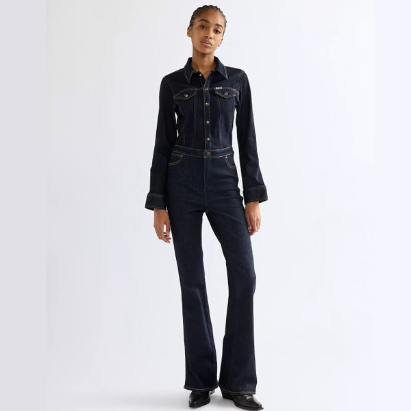 Model Wearing Wrangler Women's Montana Regular Coverall Jumpsuit in Dark Stone - Front