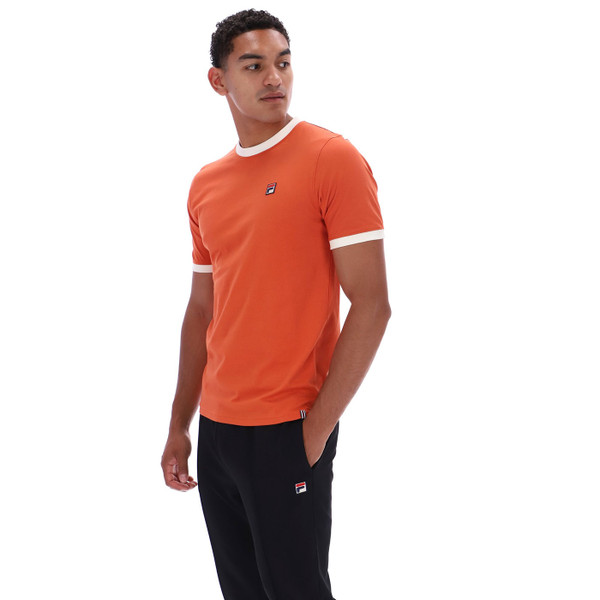 Side of Fila Vintage Marconi Retro 70s Ringer T-Shirt in Burnt Ochre
