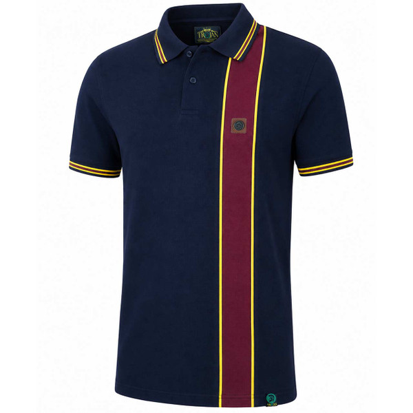 Trojan Retro Stripe Cut and Sew Pique Polo Shirt in Navy - Side View