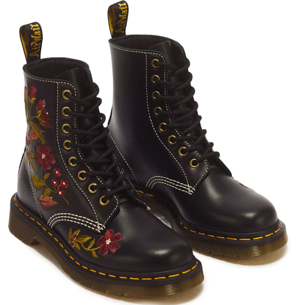 Pair of Dr. Martens 1460 Pascal Women’s Floral 8 Eye Wanama Leather Boots in Black