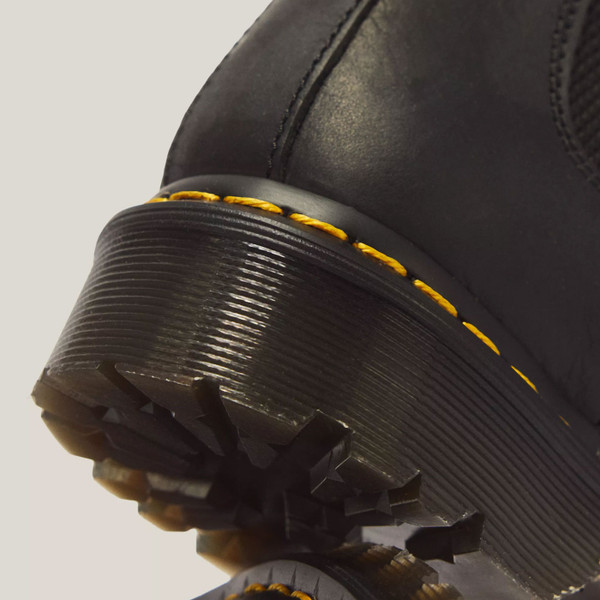 Heels and yellow stitchdown on Dr Martens Womens 2976 Leonore Faux Fur Lined Chelsea Boot in Black Wyoming Leather