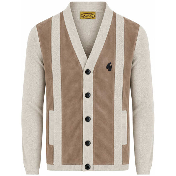 Front of Gabicci Vintage Archive Hurst Alcantara Panel V-Neck Knitted Cardigan in Linen
