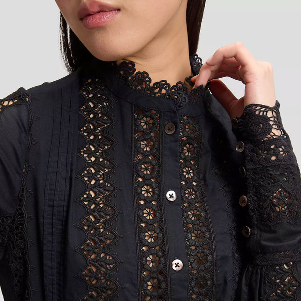 Standing collar on Lee Jeans Women's Bohemian Openwork Lace Style Blouse in Black