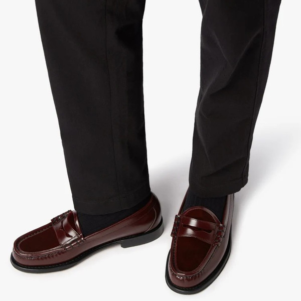 Model Wearing Bass Weejuns Heritage Larson Velvet Loafers in Wine