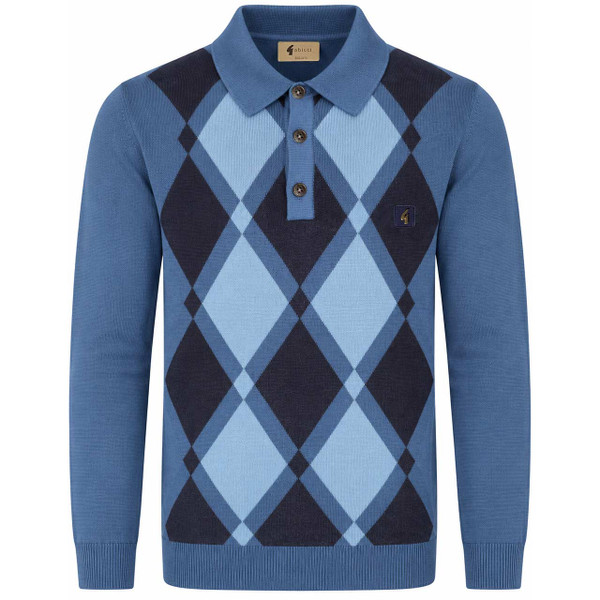 Gabicci Vintage Bond Argyle Knit Long Sleeve Polo Shirt in Airforce - Front View