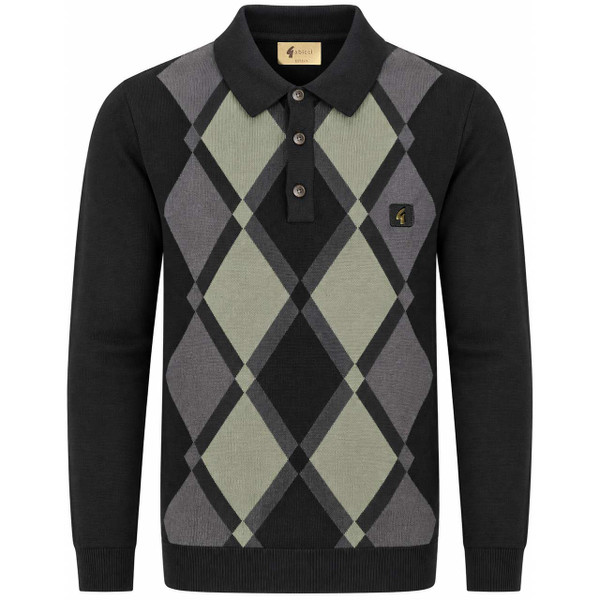 Gabicci Vintage Bond Argyle Knit Long Sleeve Polo Shirt in Black - Front View