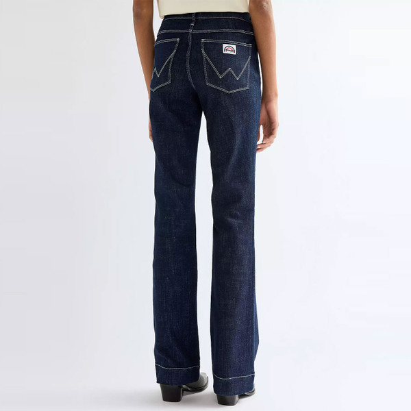 Back of Wrangler Women's Flare Retro 70s Denim Jeans in Dark Orbit Indigo