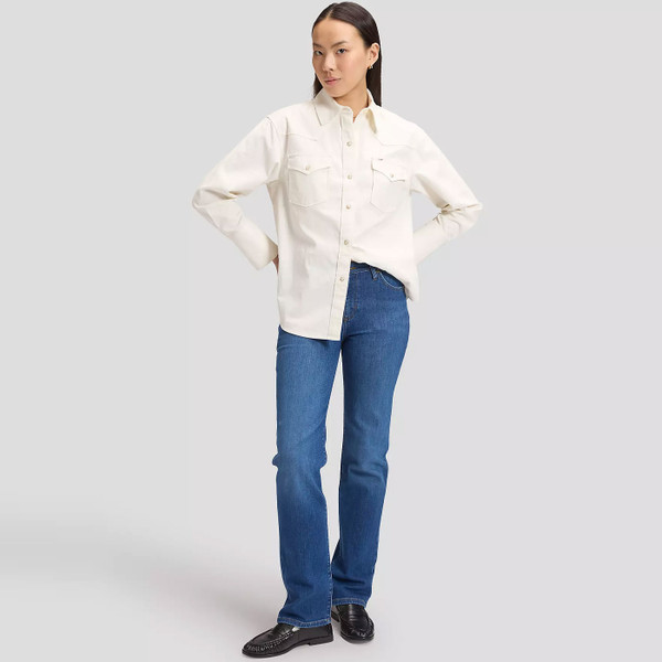 Woman wearing Lee Women's London Regular Straight Leg Denim Jeans in Azure Wave Blue
