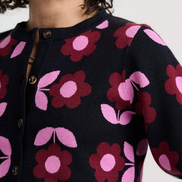 Collar and intarsia knit flowers on Sugarhill Brighton Venetia Retro Daisy Cardigan in Black