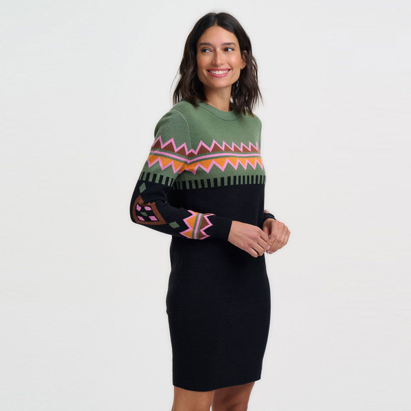 Woman wearing Sugarhill Brighton Verity Retro Fairisle Knitted Dress in Black