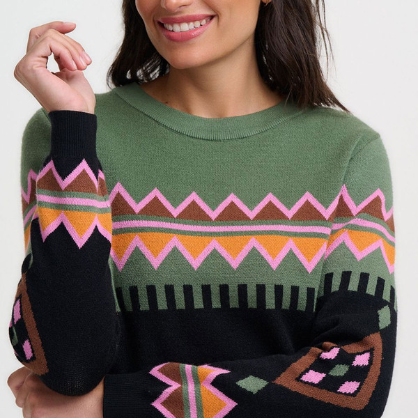 Knit and fairisle pattern detail on Sugarhill Brighton Verity Retro Fairisle Knitted Dress in Black