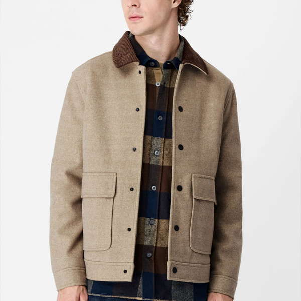 Man wearing French Connection Taupe Corduroy Collar Jacket in Ecru/Taupe Melange