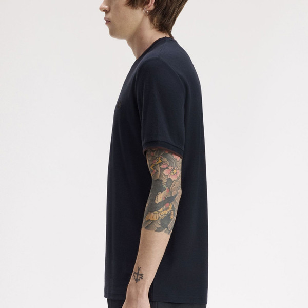 Side of Fred Perry Trim Detail Crepe Tipped Pique T-Shirt in Navy