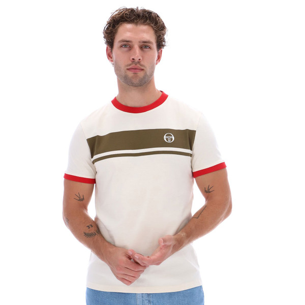 Man wearing Sergio Tacchini Master T-Shirt in Gardenia/Dark Olive