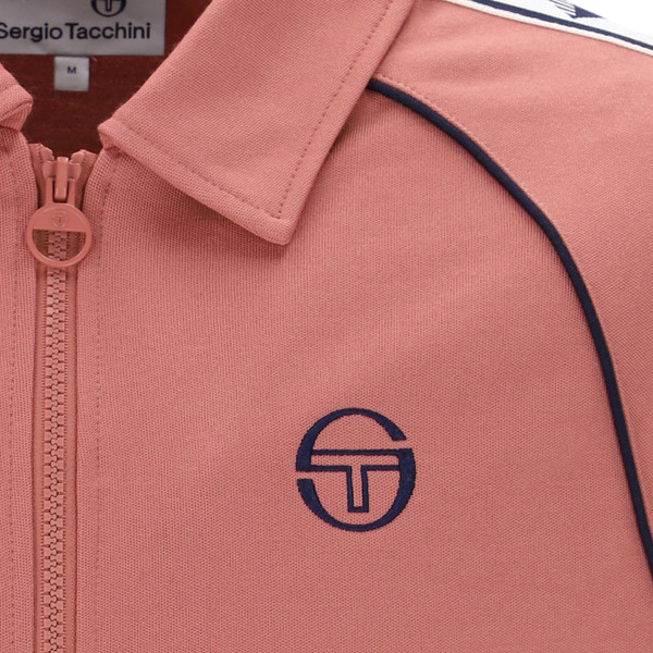 Fold down collar, zipper and piping on Sergio Tacchini Sarto Taped Track Top in Light Mahogany