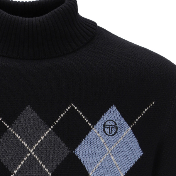Argyle and ribbed roll neck on Sergio Tacchini Moretti Argyle Knitted Roll Neck Jumper in Black