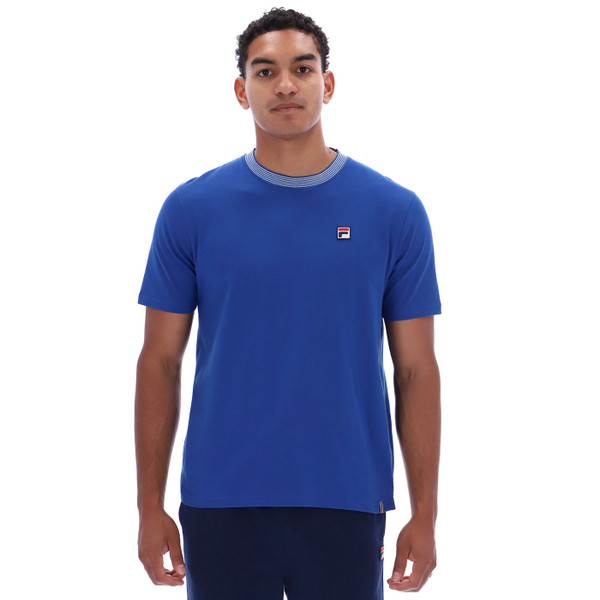Man wearing Fila Vintage Lance Men's Retro Striped Collar T-Shirt in Mazarine Blue