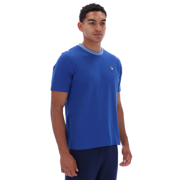 Side of Fila Vintage Lance Men's Retro Striped Collar T-Shirt in Mazarine Blue