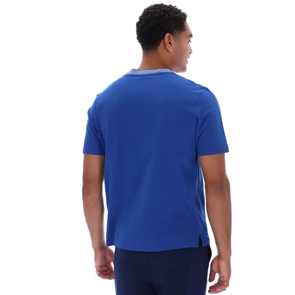 Back of Fila Vintage Lance Men's Retro Striped Collar T-Shirt in Mazarine Blue