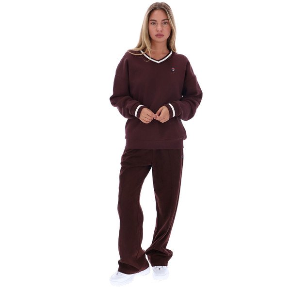 Woman wearing Fila Vintage Womens Grace Oversized V-Neck Sweater in Fudge