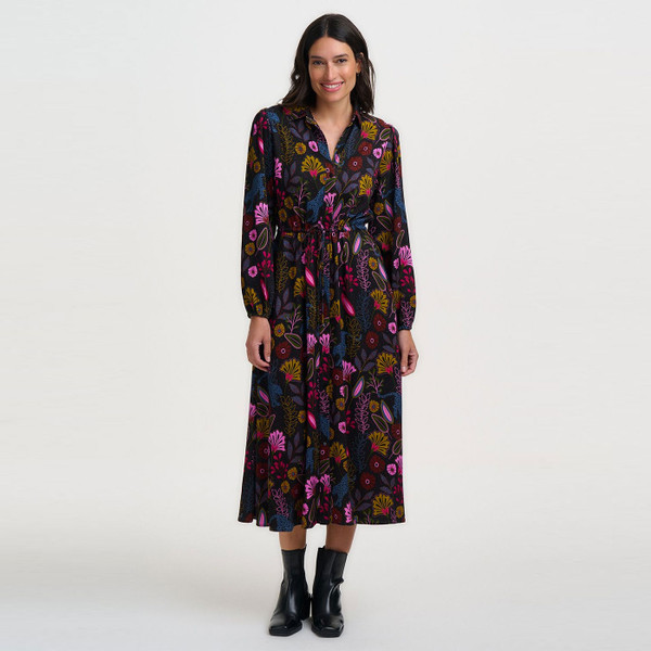 Woman wearing Sugarhill Brighton Dottie Jungle Panther Maxi Shirt Dress in Black