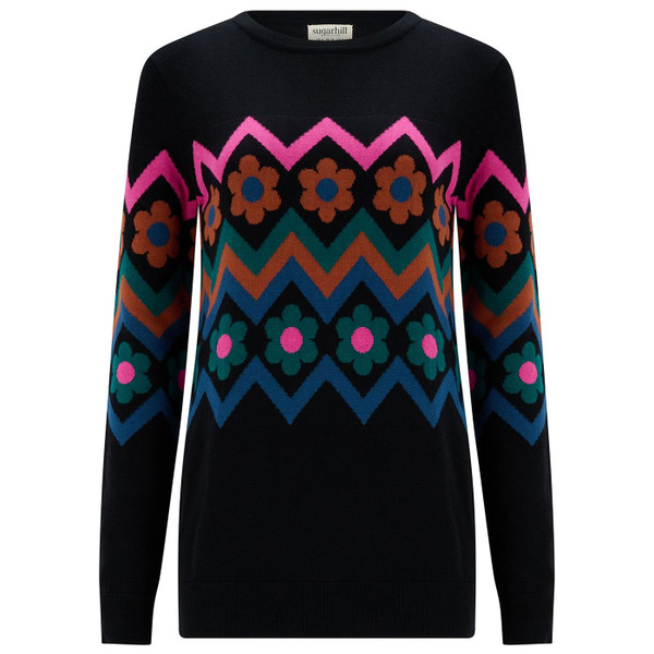 Sugarhill Brighton Rita Flower Zig-Zag Chevron Jumper in Black