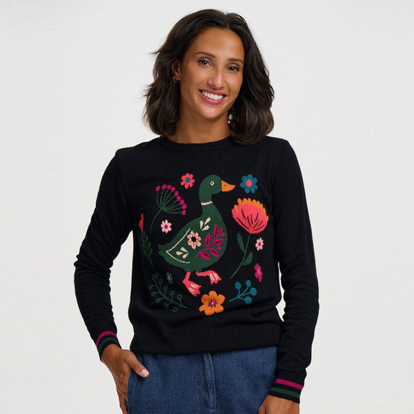 Woman wearing Sugarhill Brighton Rita Folkloric Duck Jumper in Black