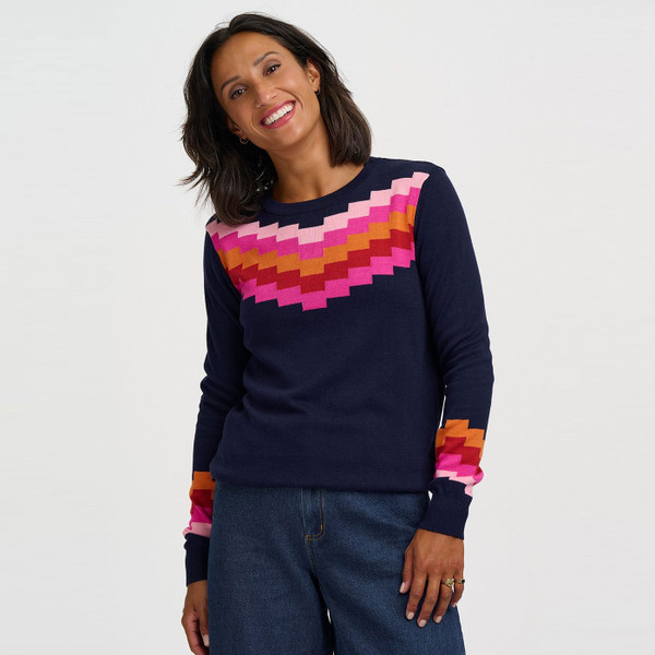 Woman wearing Sugarhill Brighton Rita Staggered Chevron Jumper in Navy