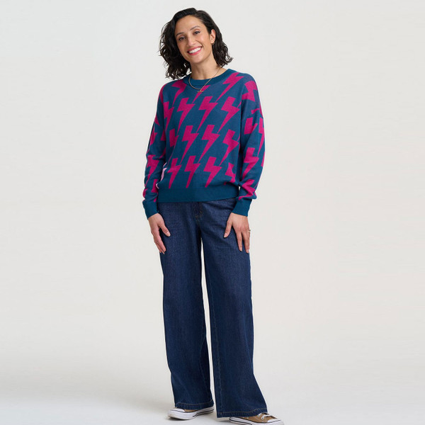Woman wearing Sugarhill Brighton Andi Lightening Bolts Knitted Jumper in Teal